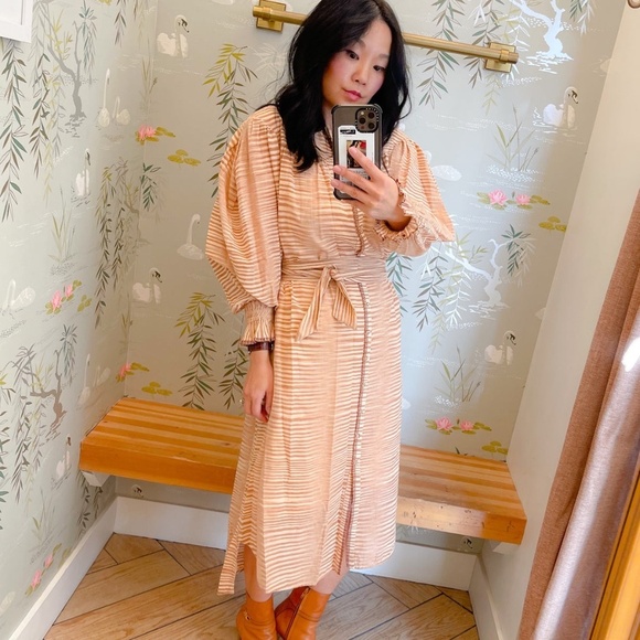 ULLA JOHNSON | Fiora Striped Cotton-Voile Midi Waist Tie Dress in Fawn | Size 2 - Picture 5 of 15